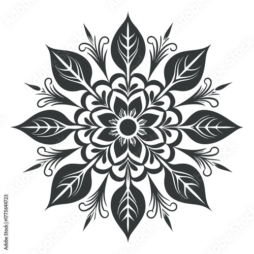Floral Mandala Silhouette Design artfully crafted with detailed leaves and petals, representing balance and harmony