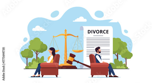 Flat style vector of man and woman sitting apart on sofa, avoiding eye contact, showing divorce, emotional distance and relationship conflict