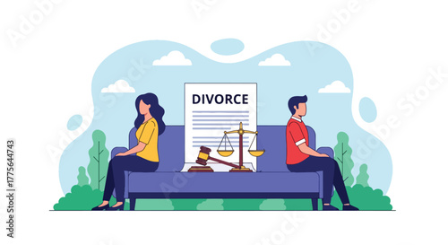 Flat style vector of man and woman sitting apart on sofa, avoiding eye contact, showing divorce, emotional distance and relationship conflict