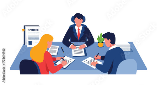 Flat vector of couple signing divorce agreement at lawyer’s desk, legal process and separation illustration