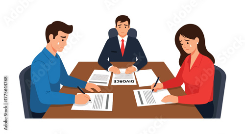 Flat vector of couple signing divorce agreement at lawyer’s desk, legal process and separation illustration