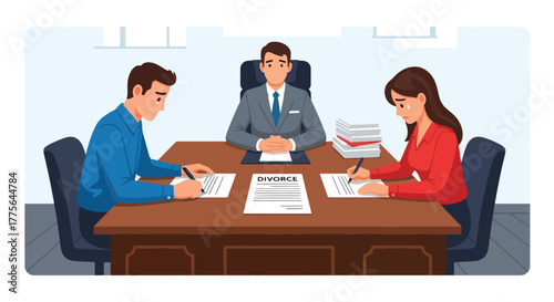 Flat vector of couple signing divorce agreement at lawyer’s desk, legal process and separation illustration