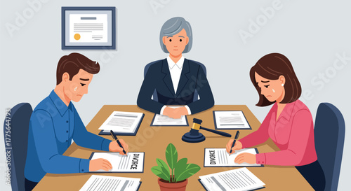 Flat vector of couple signing divorce agreement at lawyer’s desk, legal process and separation illustration