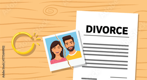 Flat vector of broken gold wedding ring with torn photo, symbol of divorce, failed marriage and emotional loss