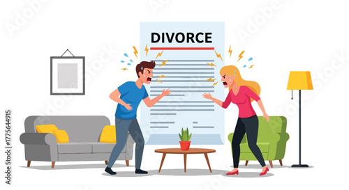Flat vector of angry couple arguing at home, divorce, communication breakdown and relationship stress illustration