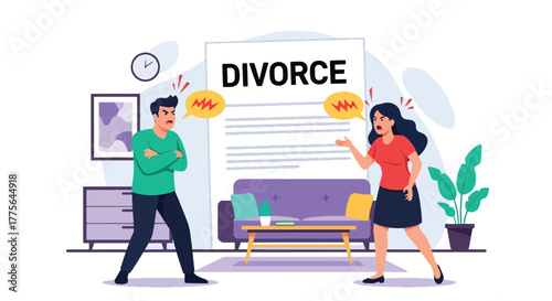Flat vector of angry couple arguing at home, divorce, communication breakdown and relationship stress illustration