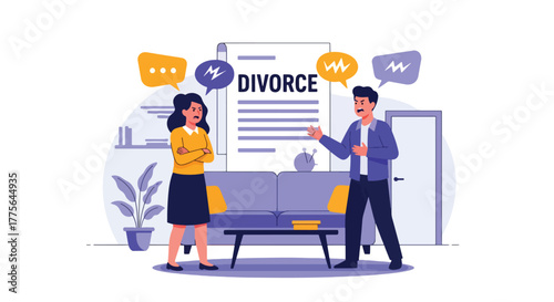 Flat vector of angry couple arguing at home, divorce, communication breakdown and relationship stress illustration
