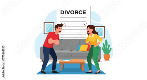 Flat vector of angry couple arguing at home, divorce, communication breakdown and relationship stress illustration