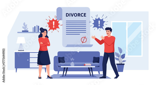 Flat vector of angry couple arguing at home, divorce, communication breakdown and relationship stress illustration