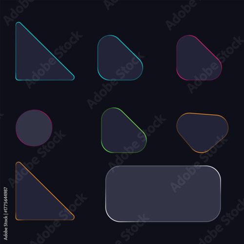 Abstract neon glowing ui elements kit.outlines.Light frame liquid glass, glass panel set, tech board frame in futuristic style.