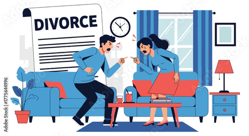Flat vector of angry couple arguing at home, divorce, communication breakdown and relationship stress illustration