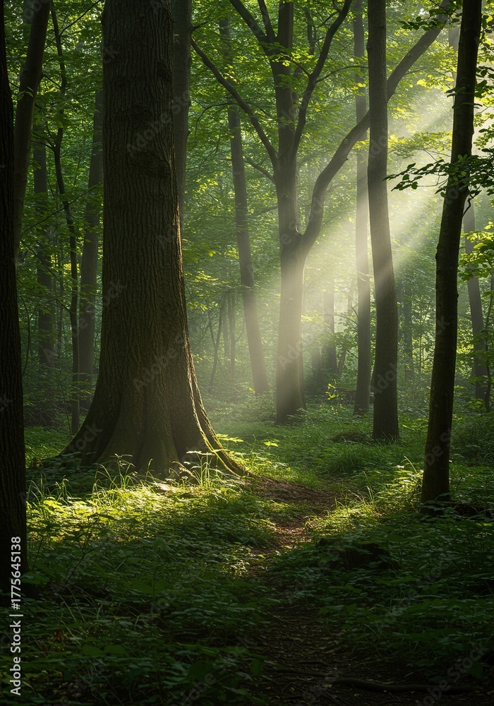 Obraz premium Enchanting forest scene bathed in ethereal light, showcasing a vibrant ecosystem of ancient trees and lush undergrowth. A truly serene natural wilderness ,ecosystem ,wonderful ,ancient