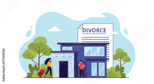 Flat vector of woman leaving house with luggage while man watches sadly, divorce emotional breakup concept