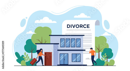 Flat vector of woman leaving house with luggage while man watches sadly, divorce emotional breakup concept