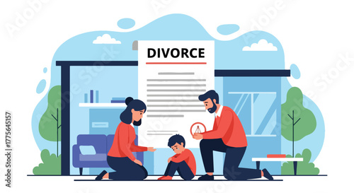 Flat vector of parents explaining divorce to child, family communication and emotional support concept