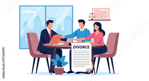 Flat vector of lawyer meeting with couple for divorce mediation, legal counseling and advice concept