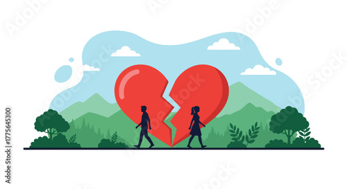 Flat vector of broken heart symbol with separated couple silhouettes, divorce, emotional breakup and loneliness concept