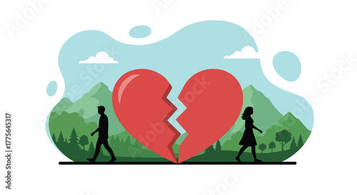 Flat vector of broken heart symbol with separated couple silhouettes, divorce, emotional breakup and loneliness concept