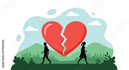 Flat vector of broken heart symbol with separated couple silhouettes, divorce, emotional breakup and loneliness concept