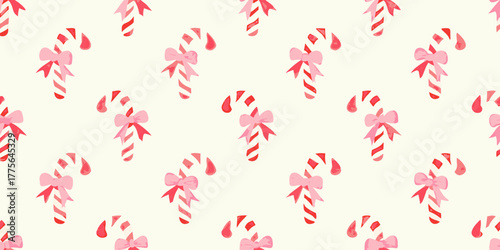 Whimsical candy cane pattern with pink bows on a cream background