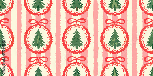 Charming christmas tree ornaments with red bows and scalloped edges on a striped background