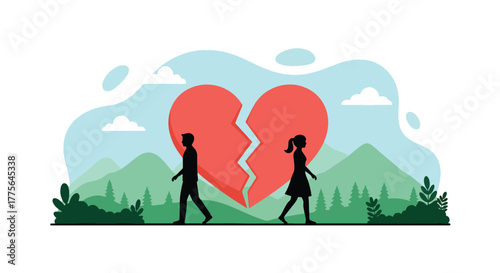 Flat vector of broken heart symbol with separated couple silhouettes, divorce, emotional breakup and loneliness concept