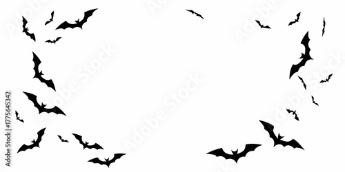 Scattered black bat silhouettes flying in a chaotic pattern on a white background