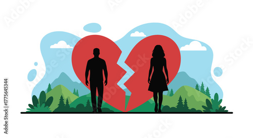 Flat vector of broken heart symbol with separated couple silhouettes, divorce, emotional breakup and loneliness concept