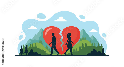Flat vector of broken heart symbol with separated couple silhouettes, divorce, emotional breakup and loneliness concept