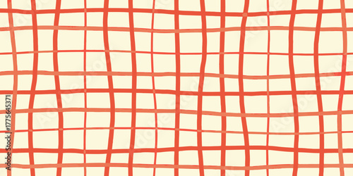 Hand drawn red and orange plaid pattern on cream background abstract geometric design