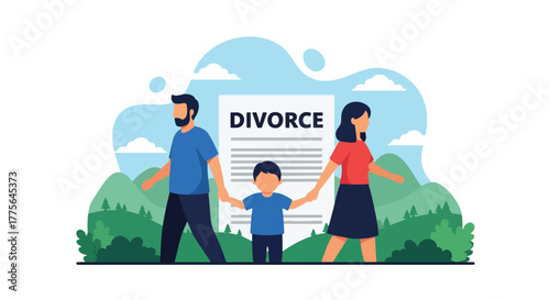 Flat vector of child holding parents’ hands while walking opposite ways, family separation and shared custody concept