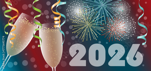 2026 - bannière festive avec 2 verres de champagne, serpentins et feux d’artifice pour souhaiter la nouvelle année.