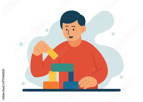 Engaged young person building creatively with colorful blocks, fostering imagination and learning through play time activities at home