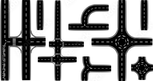 City street road seamless elements set. Roads parts pieces builder : straight, curved, crossing, roundabout. Create your own road journey map. Isolated vector .
