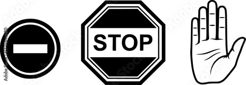 Two vector illustrations of stop signs in black and white with isolated background
