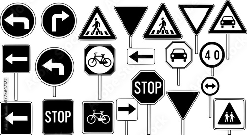 Set of black and white road signs featuring various shapes and directional arrows and information signs in modern style
