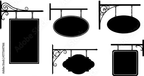 Hanging signboards silhouettes vector transparent white background.
