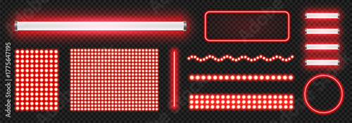Led light lamp set, bright 3d long neon luminescence light lamp, fluorescent bars with glow effect, dot matrix panels and strip on transparent background, red led light ribbons collection