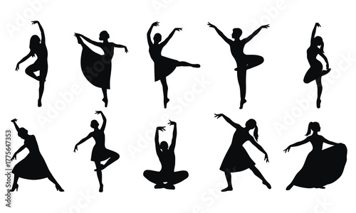 Collection of ballet dancer silhouettes pose
