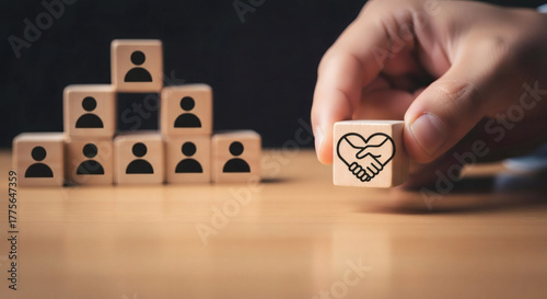 Human connection and teamwork concept. Leadership, trust, and collaboration in business organization with pyramid structure representing hierarchy and cooperation.