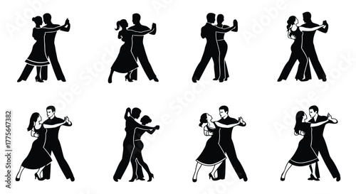 Couples dancing tango silhouettes in motion dance pair