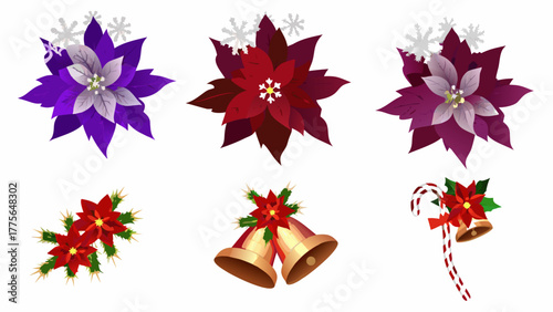 Collection of festive christmas decorations featuring poinsettias snowflakes bells and candy canes on a white background
