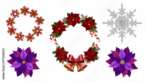 Collection of festive christmas decorations including poinsettias snowflakes wreaths candy canes and bells on a white background