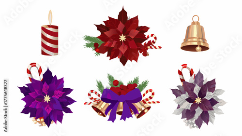 Collection of festive christmas decorations including poinsettias candy canes bells and a candle on a white background