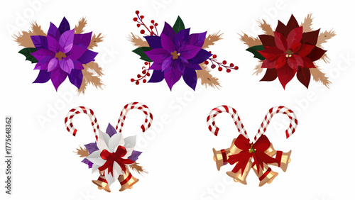 Festive christmas floral arrangements featuring poinsettias and candy canes with bells and berries