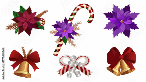 Collection of festive christmas decorations including poinsettias candy canes bells and bows on a white background