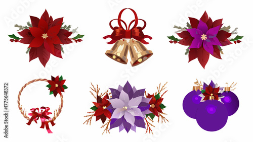 Festive christmas decorations featuring red and purple poinsettias golden bells a wreath and purple ornaments on a white background