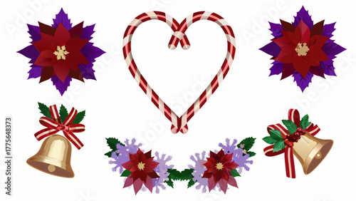 A festive collection of christmas symbols including poinsettias candy canes forming a heart golden bells and snowflakes on a white background