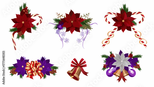 Collection of festive christmas decorations featuring poinsettias candy canes bells pine cones and ornaments on a white background