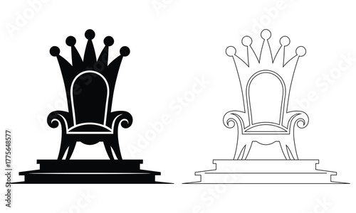 Royal Throne Chair Silhouette and Outline Vector Illustration